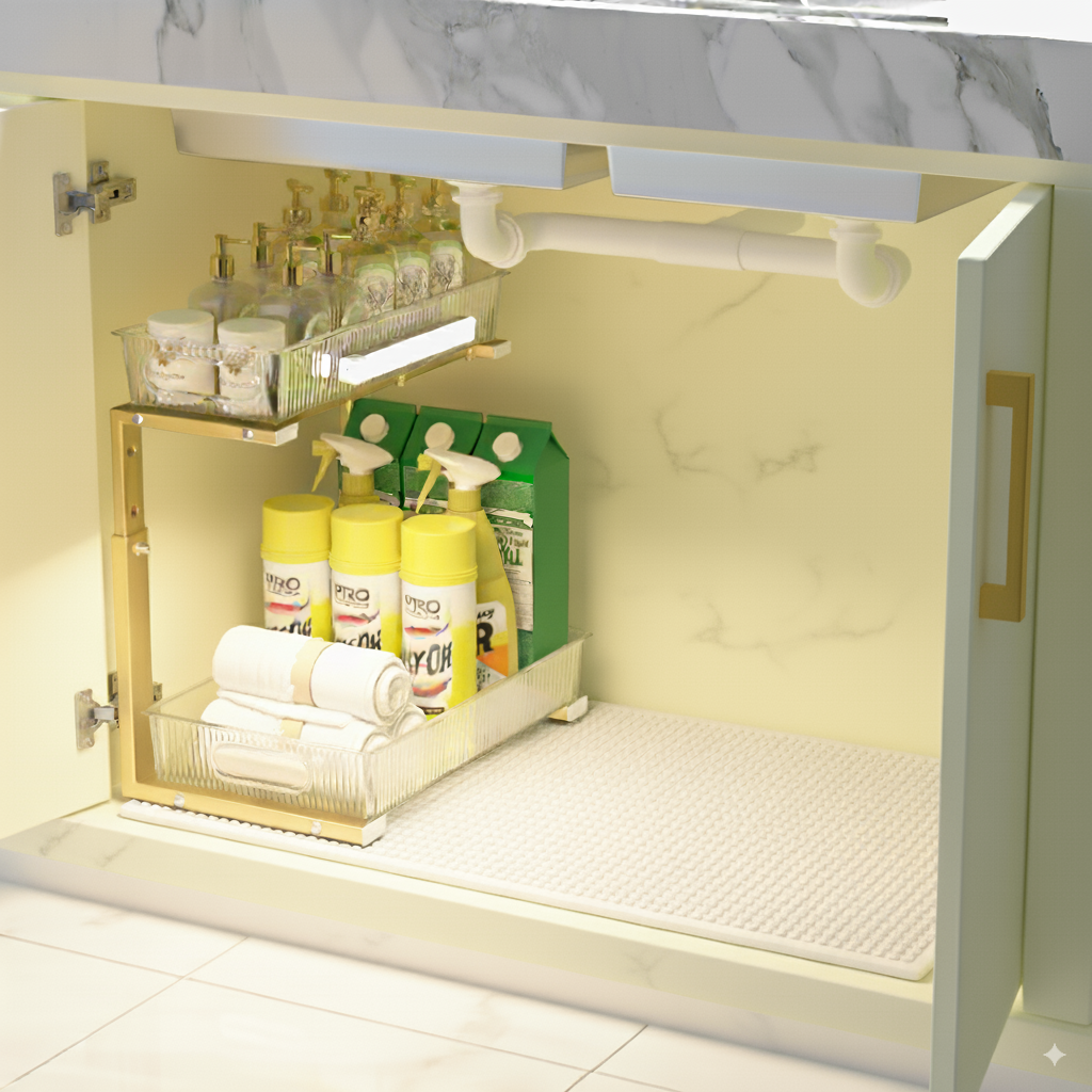 Under Sink Cabinet Organizer Stainless Steel, Adjustable , Water-Resistant, Multi-Purpose Storage, Bonus LED - VizchiCo