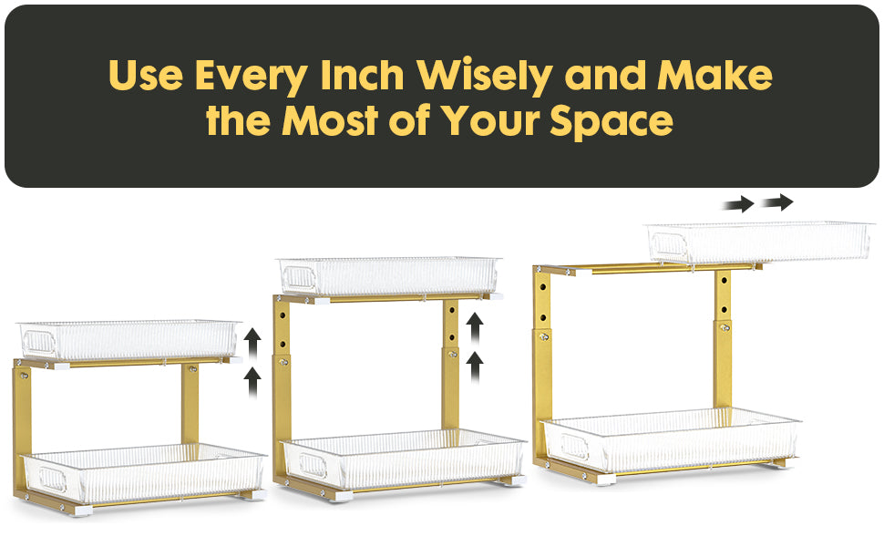 Under Sink Cabinet Organizer Stainless Steel, Adjustable , Water-Resistant, Multi-Purpose Storage, Bonus LED - VizchiCo
