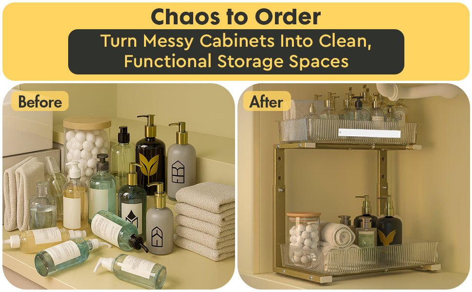 Under Sink Cabinet Organizer Stainless Steel, Adjustable , Water-Resistant, Multi-Purpose Storage, Bonus LED - VizchiCo