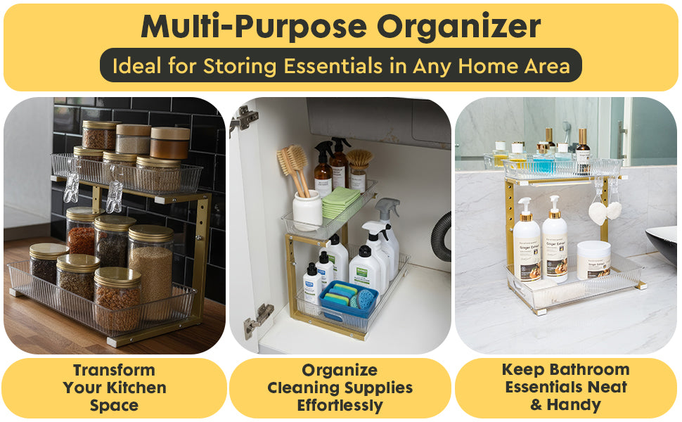 Under Sink Cabinet Organizer Stainless Steel, Adjustable , Water-Resistant, Multi-Purpose Storage, Bonus LED - VizchiCo