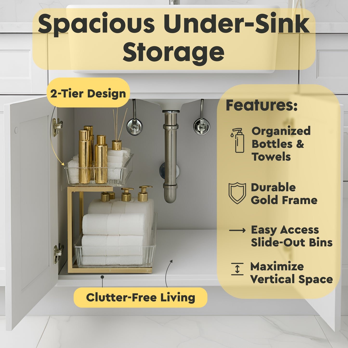 Under Sink Cabinet Organizer Stainless Steel, Adjustable , Water-Resistant, Multi-Purpose Storage, Bonus LED - VizchiCo