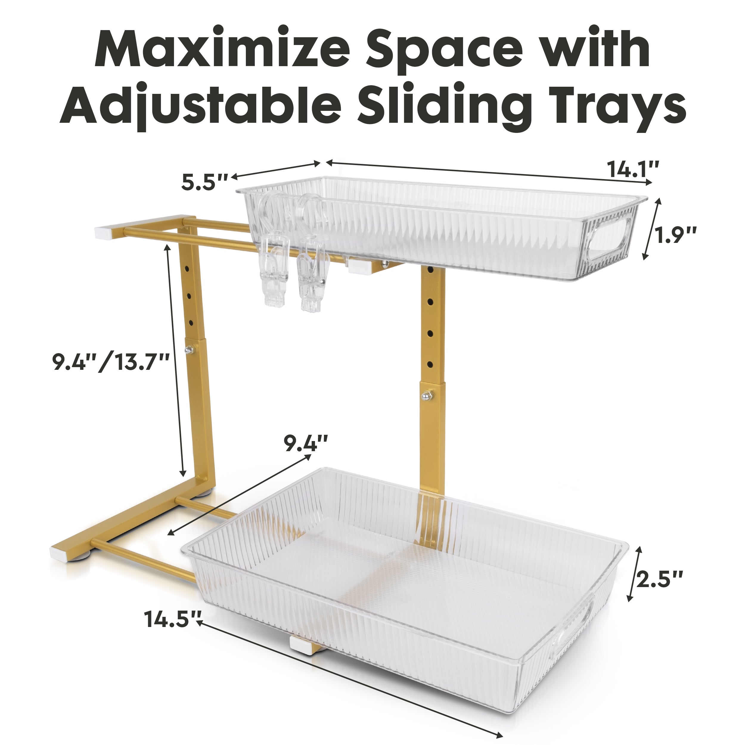 Under Sink Cabinet Organizer Stainless Steel, Adjustable , Water-Resistant, Multi-Purpose Storage, Bonus LED - VizchiCo