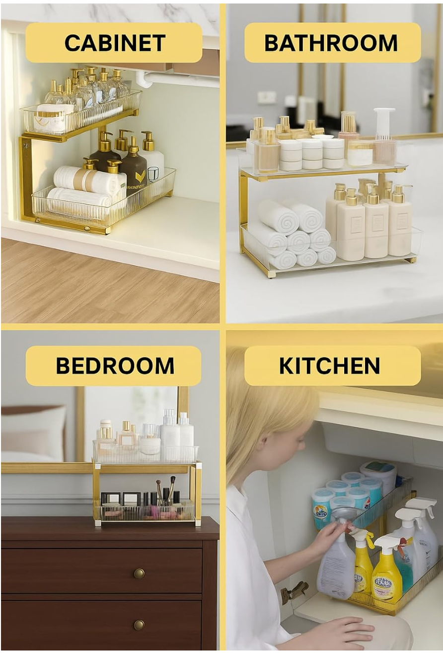 Under Sink Cabinet Organizer Stainless Steel, Adjustable , Water-Resistant, Multi-Purpose Storage, Bonus LED - VizchiCo